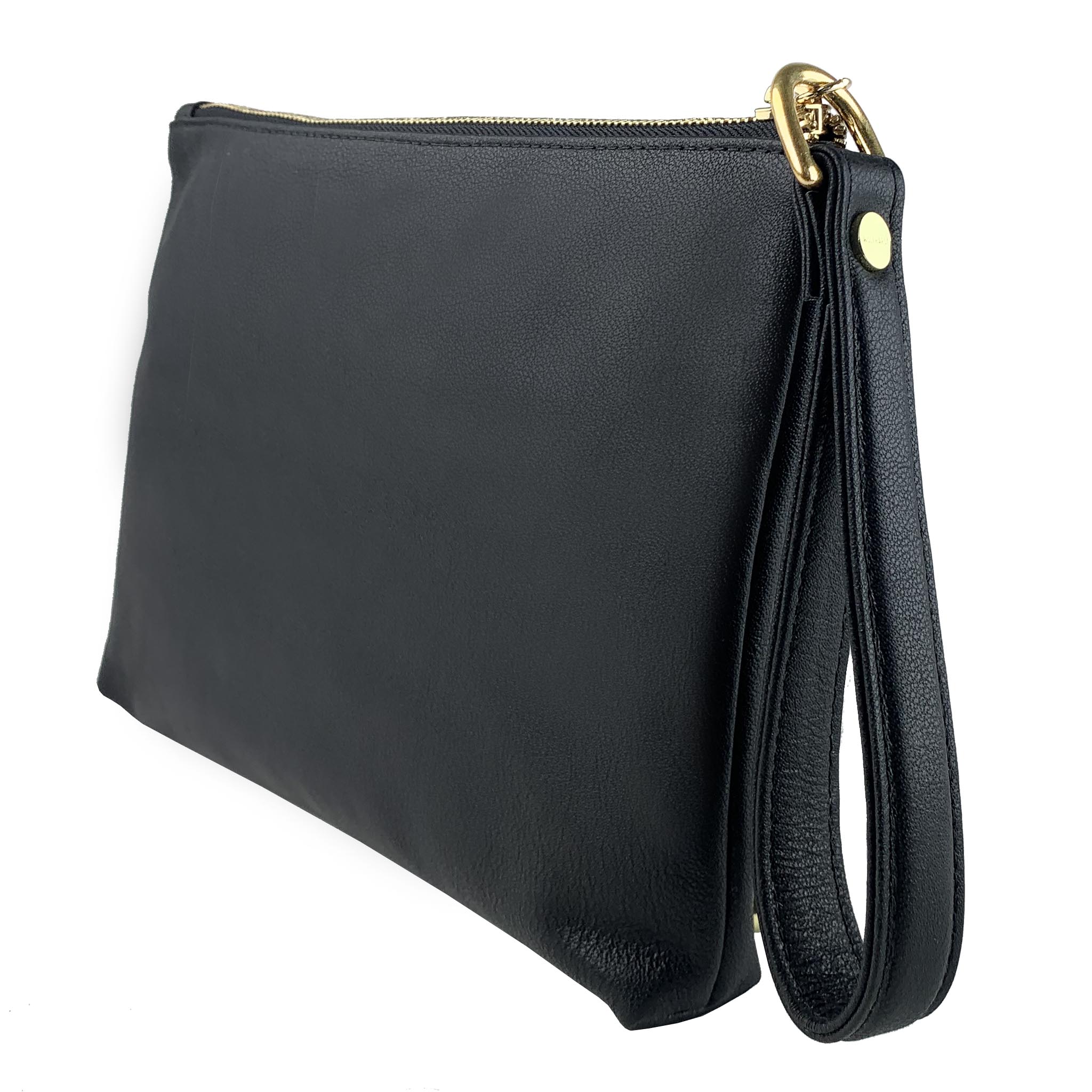 BLACK LEATHER WOMEN'S STUDDED BEUTAL FLAT ZIP POUCH