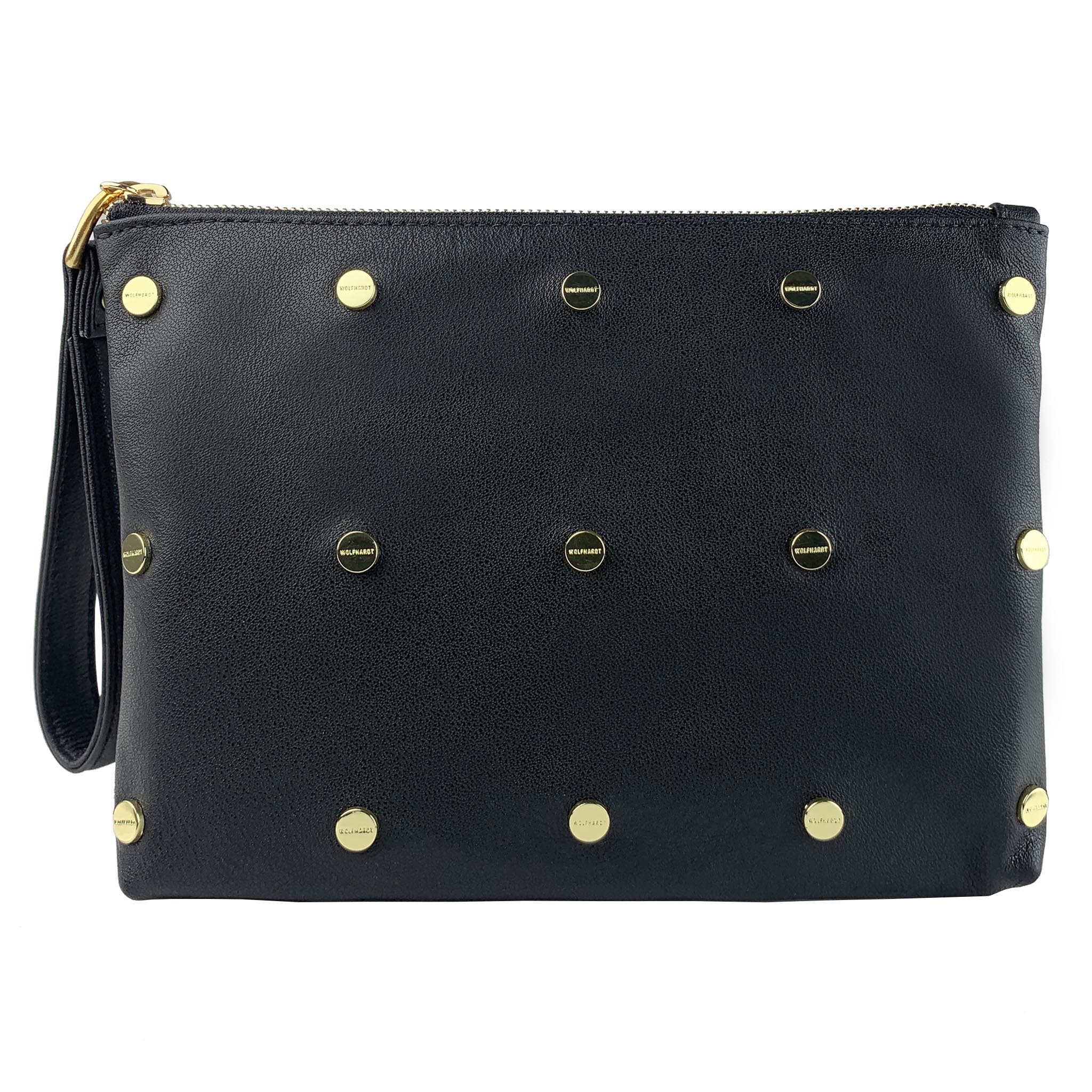 BLACK LEATHER WOMEN'S STUDDED BEUTAL FLAT ZIP POUCH