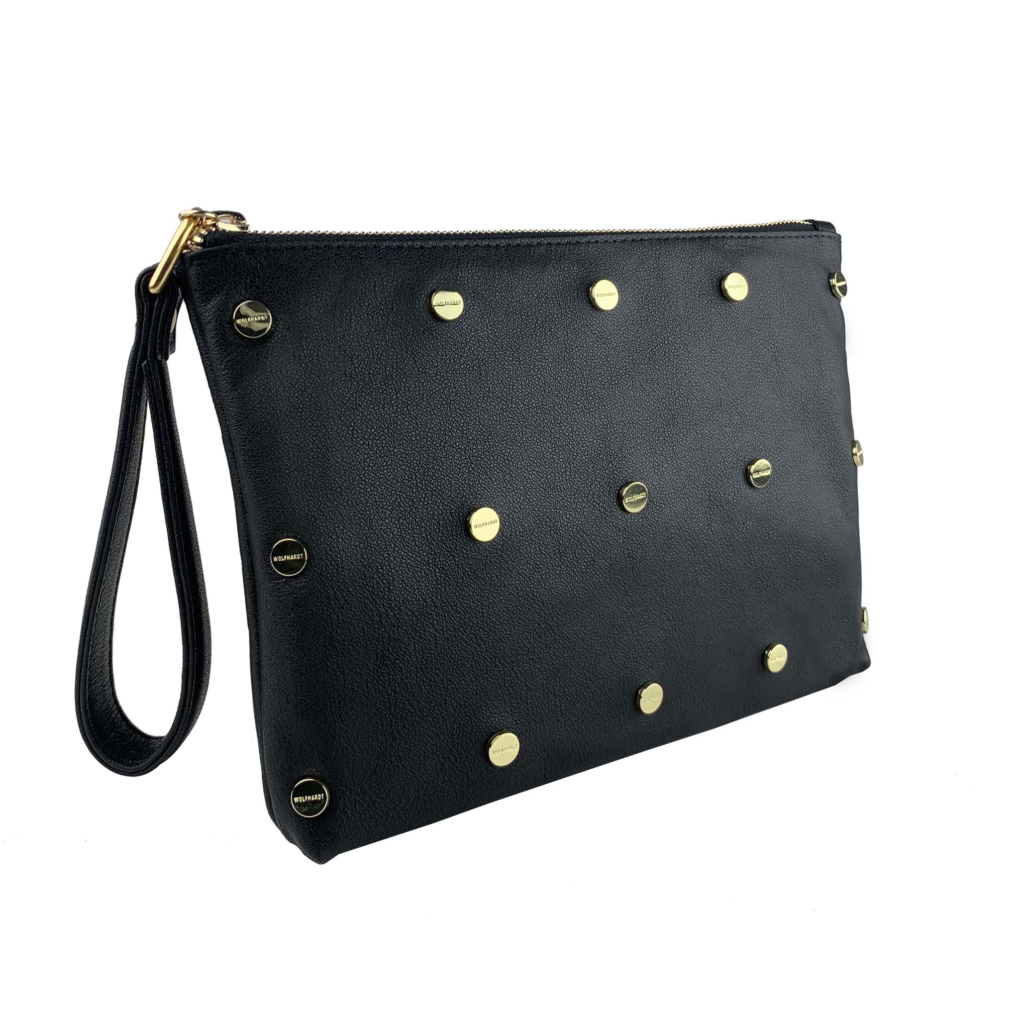 BLACK LEATHER WOMEN'S STUDDED BEUTAL FLAT ZIP POUCH